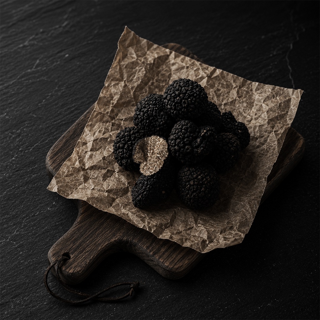 Black truffles on crumpled paper on wooden board