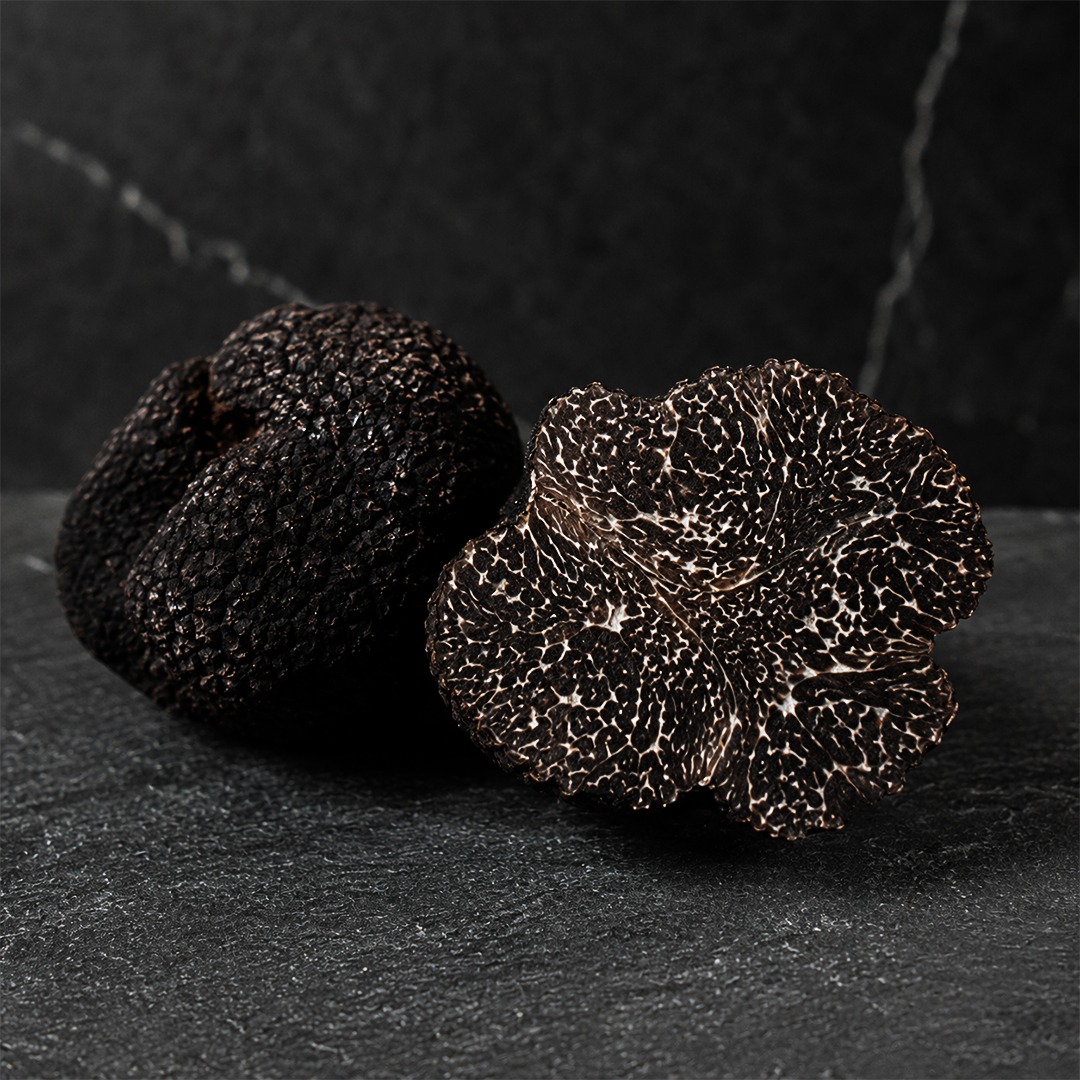 Black truffle cross-section showing white veining