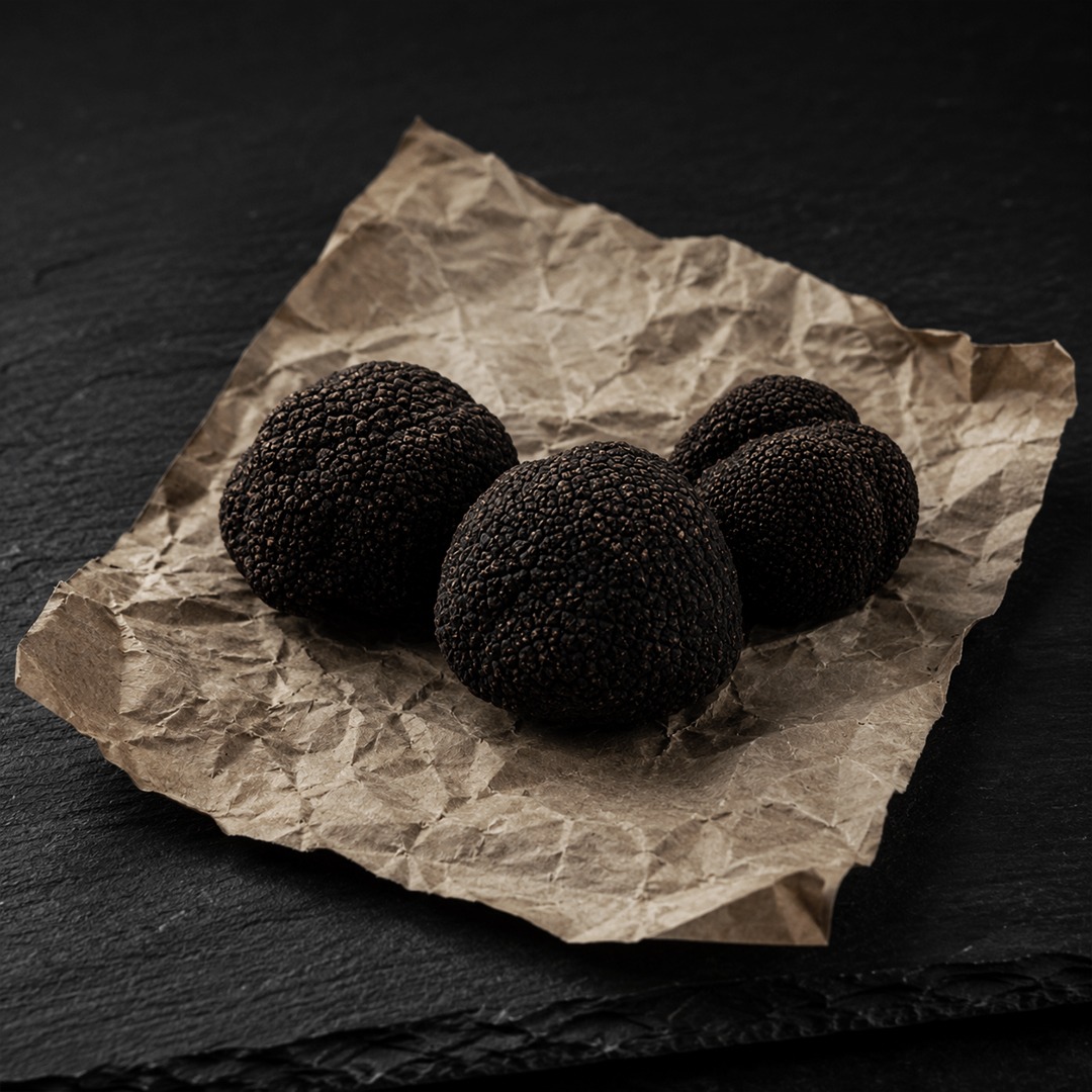 Three black truffles on crumpled brown paper