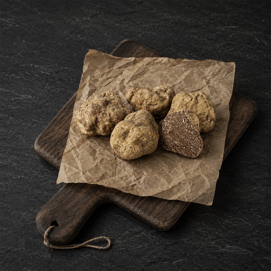 White truffles on parchment on wooden board