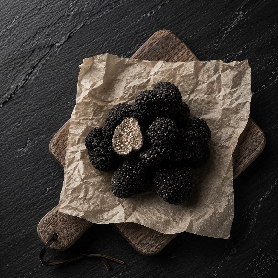 Black truffles on cutting board from aerial view