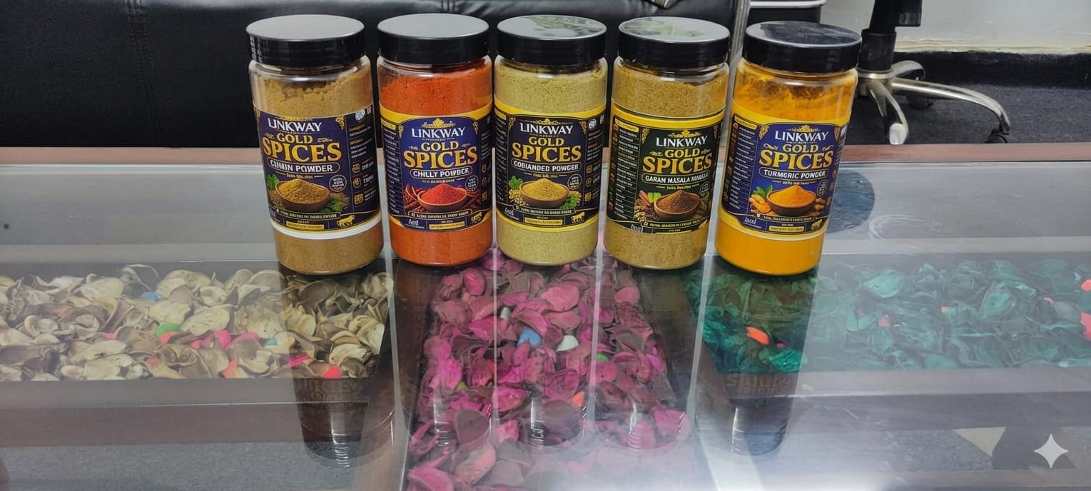 LINKWAY Gold Spices Powder Jars - Cumin, Chilly, Coriander, Garam Masala, Turmeric