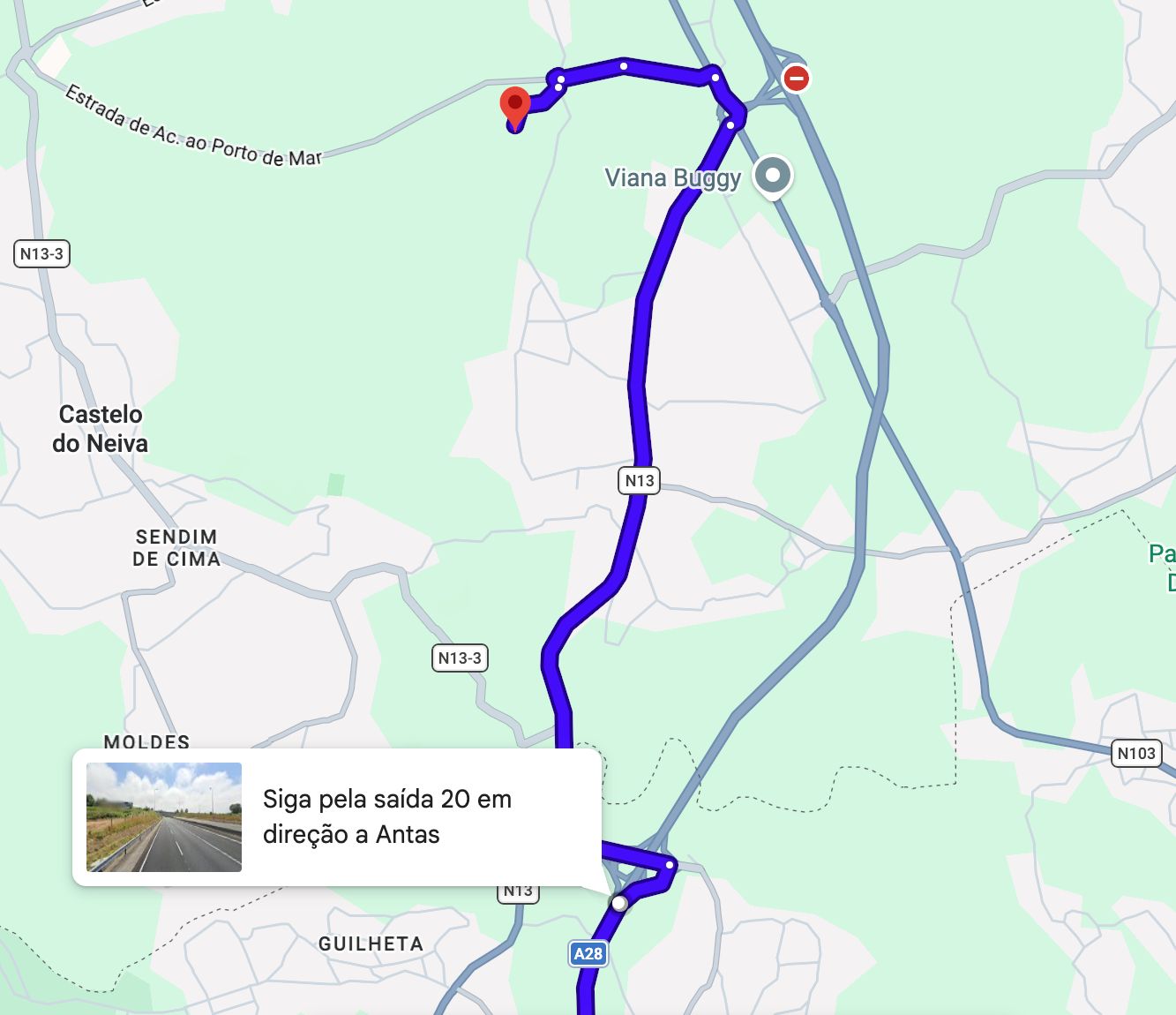Mapa mostrando a rota pela Saída 20 - Antas