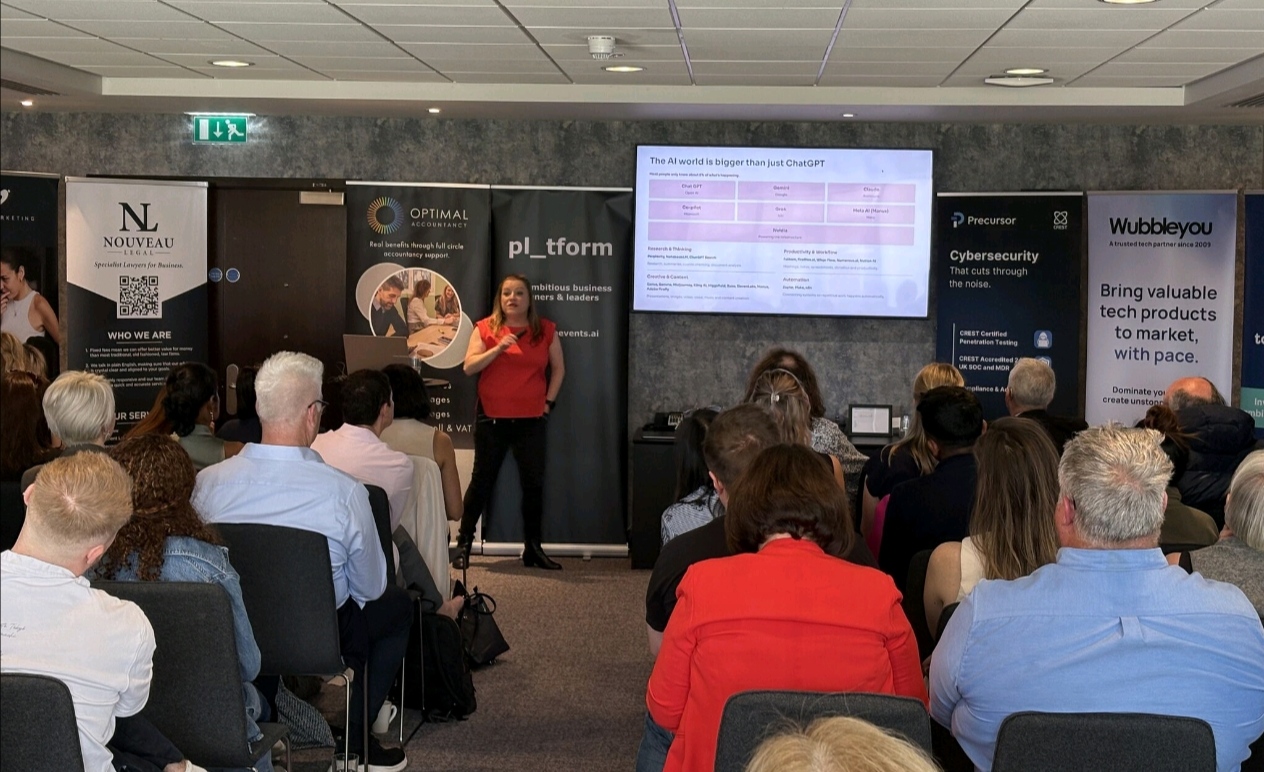 Kaye Nicholson speaking at the Platform event, presenting to a full audience on practical AI for business