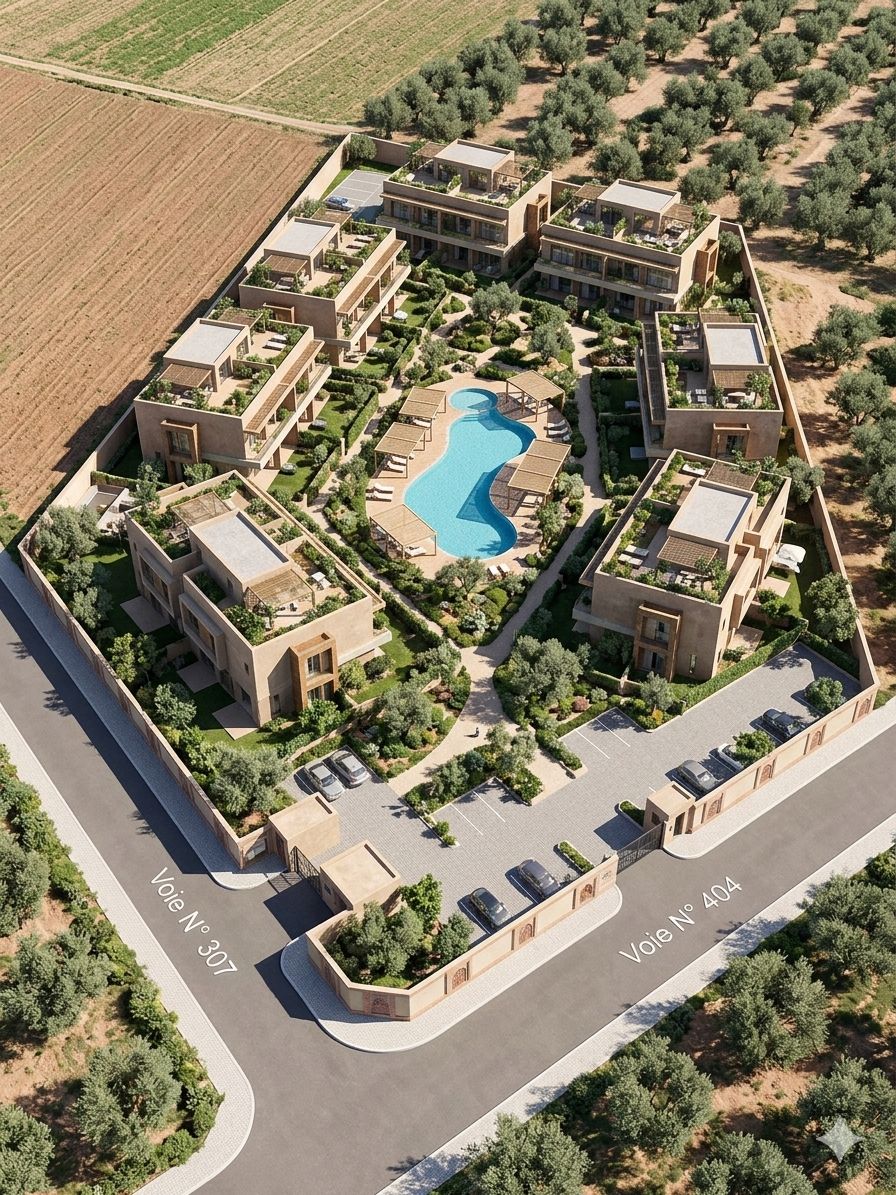 Vue aérienne d'une résidence de luxe avec piscine