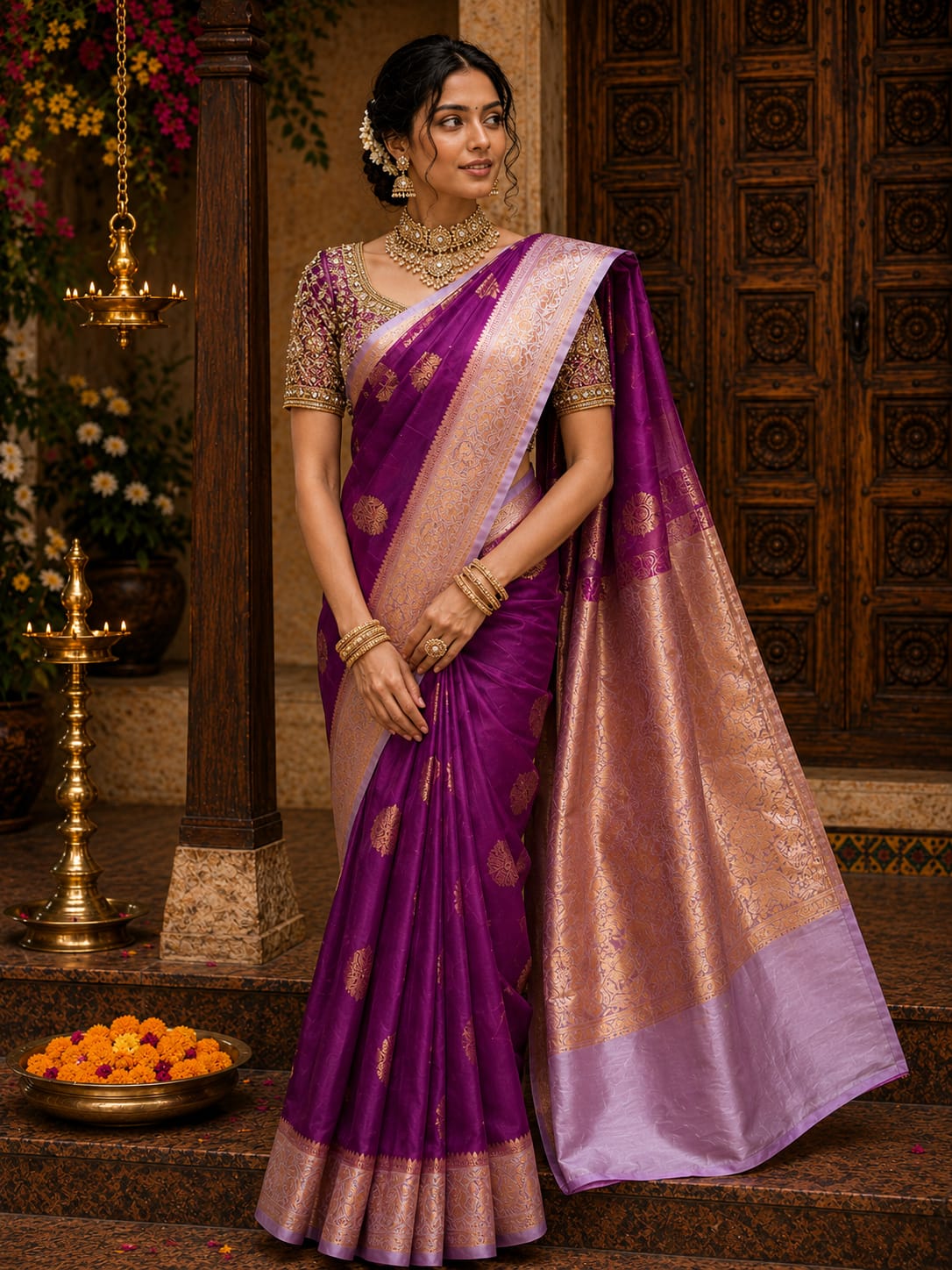 Magenta Kora Silk Saree with Silver Border - View 1