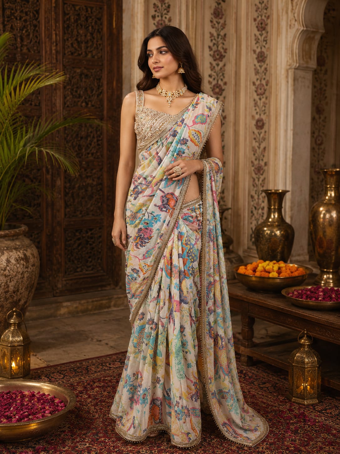 Multicolor Floral Pre-Draped Saree - View 1