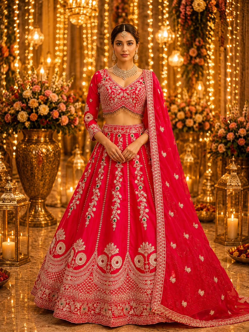 Hot Pink Bridal Ghagra with Silver Zardozi Work - View 1
