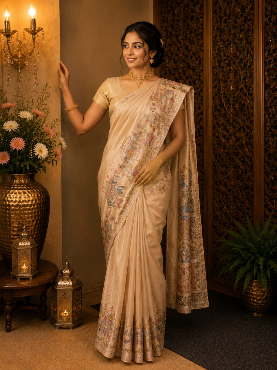 Cream Tussar Silk Saree with Madhubani Art - View 1