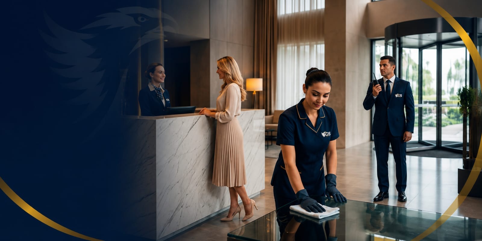 Equipe GS em ação: recepcionista, colaboradora de limpeza, cliente e executivo em ambiente corporativo profissional