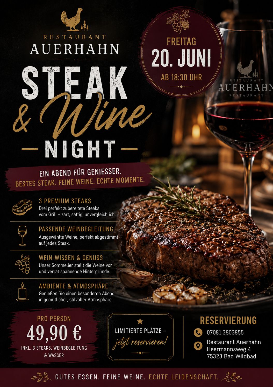 Steak & Wine Night im Restaurant Auerhahn Bad Wildbad