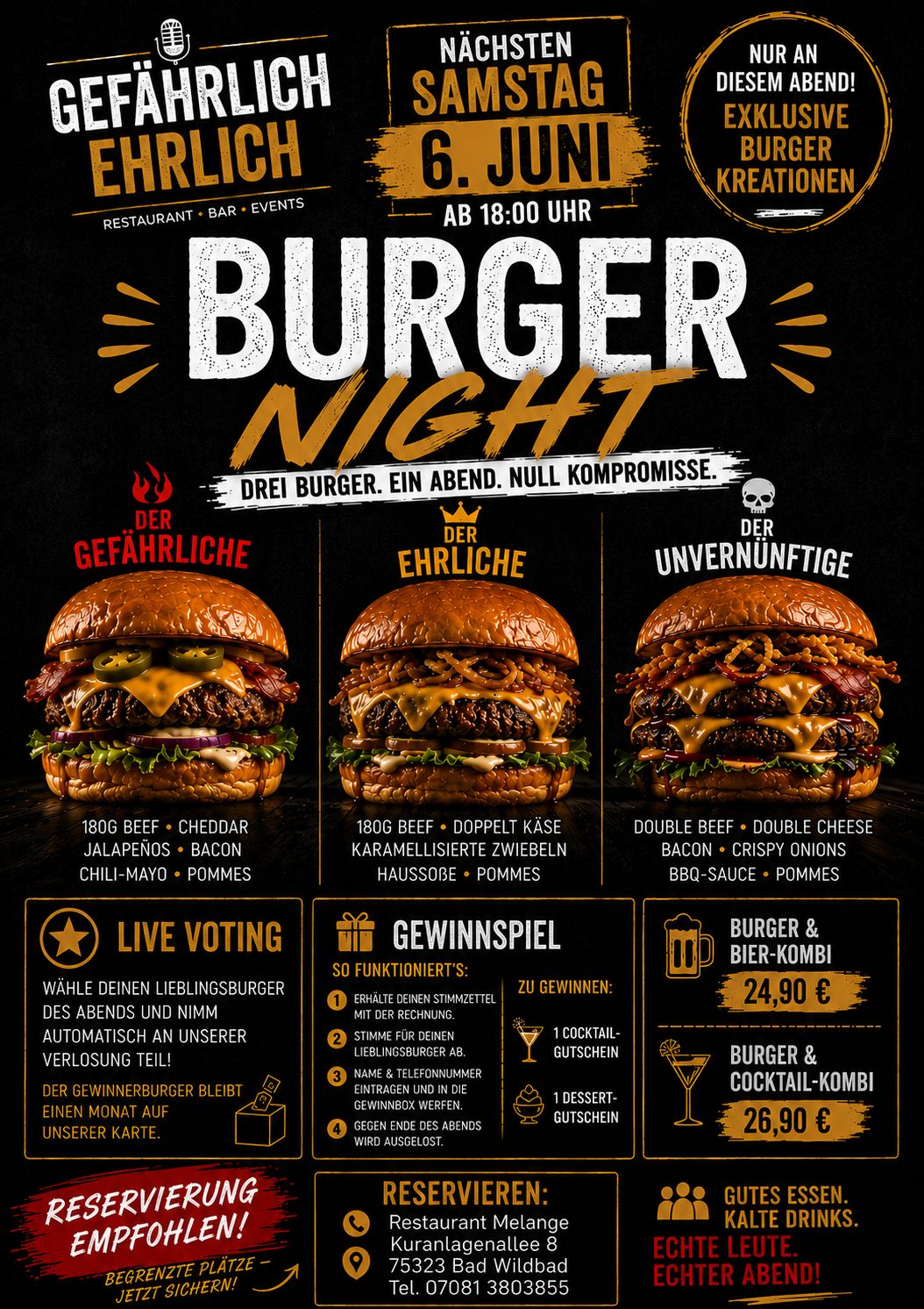 Burger Night – Gefährlich Ehrlich im Restaurant Melange