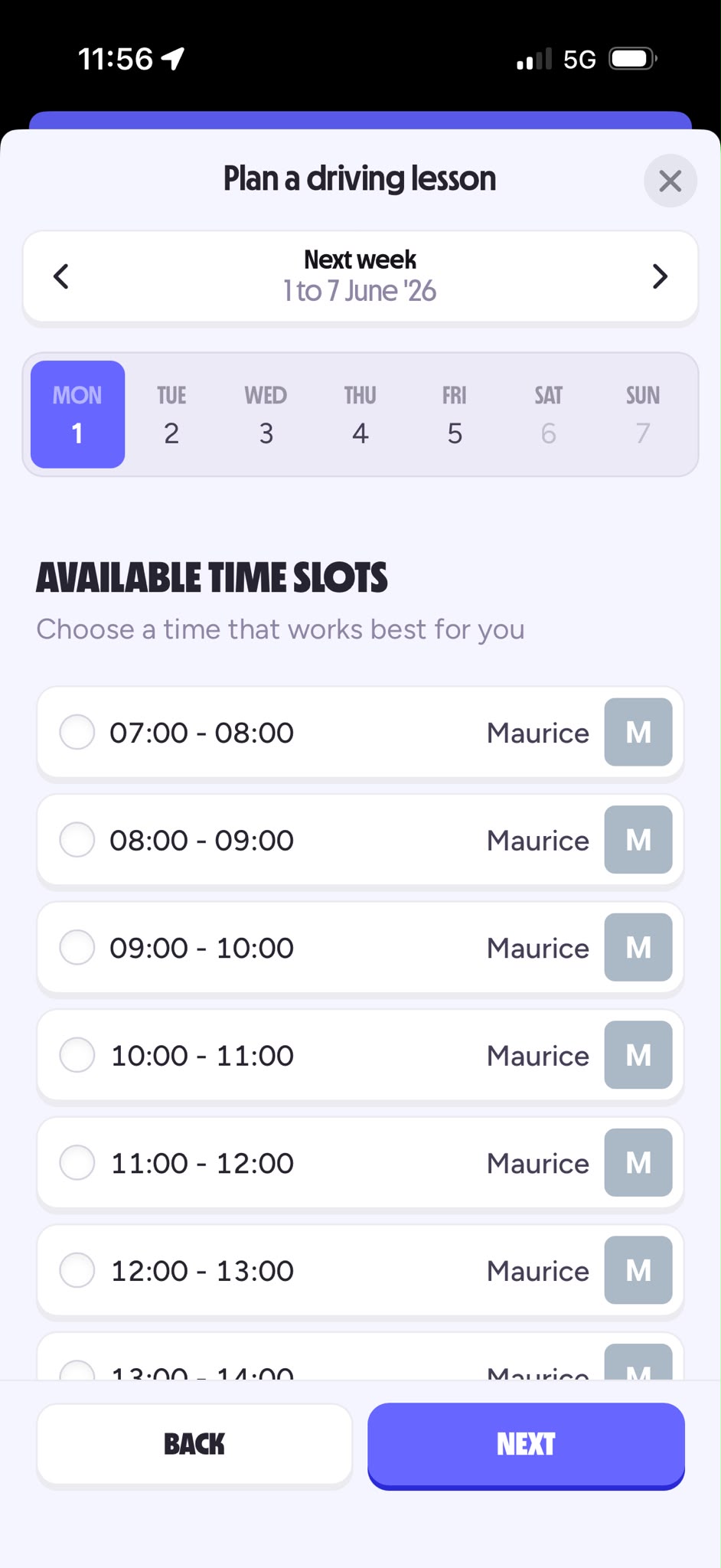 Calm Drive app. Plan a driving lesson — choose an available time slot