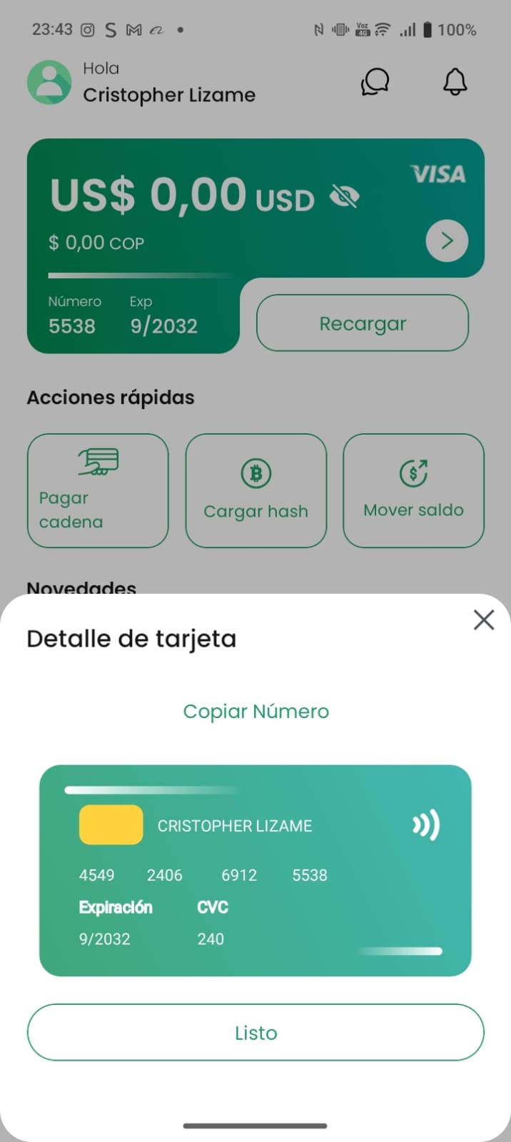 Detalle de tarjeta VISA con número completo