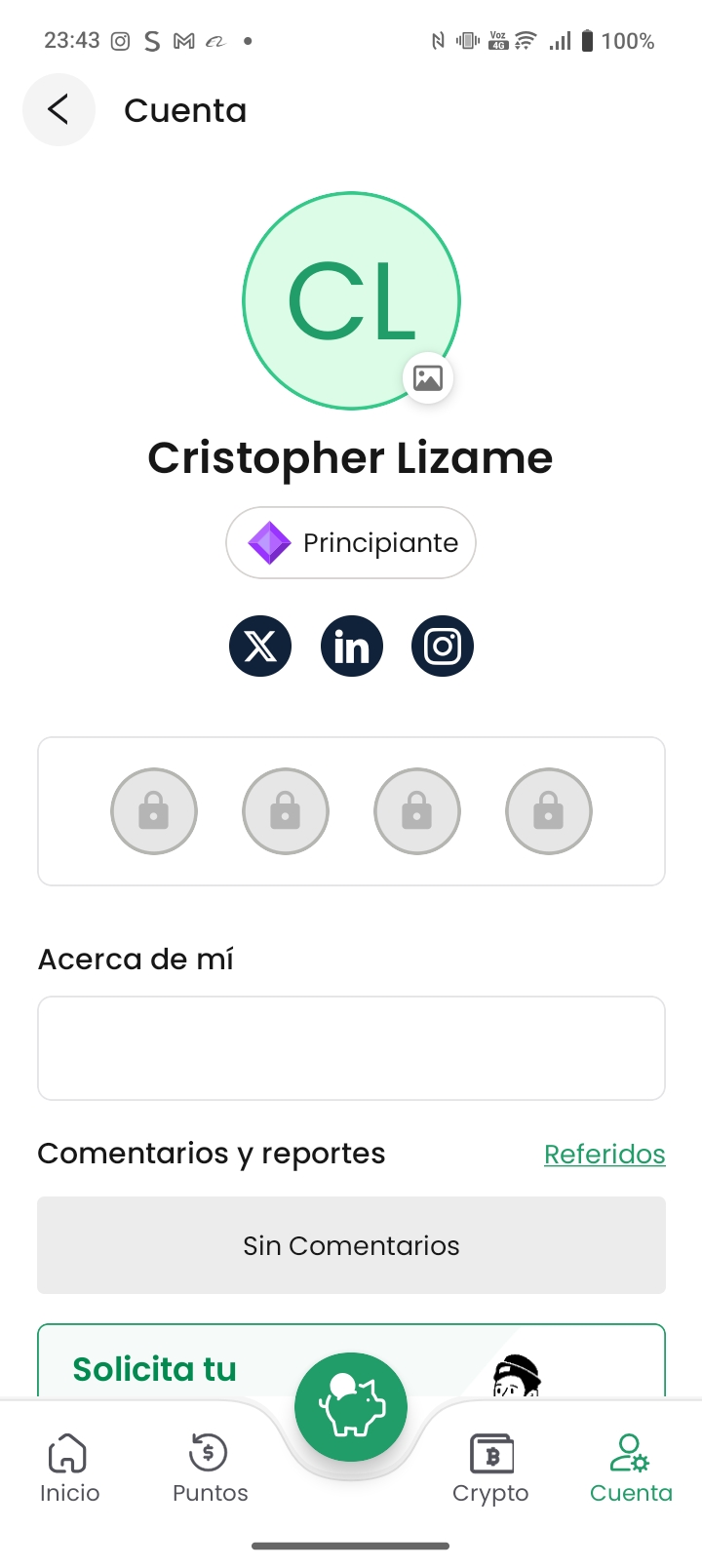 Perfil de usuario con redes sociales y reputación