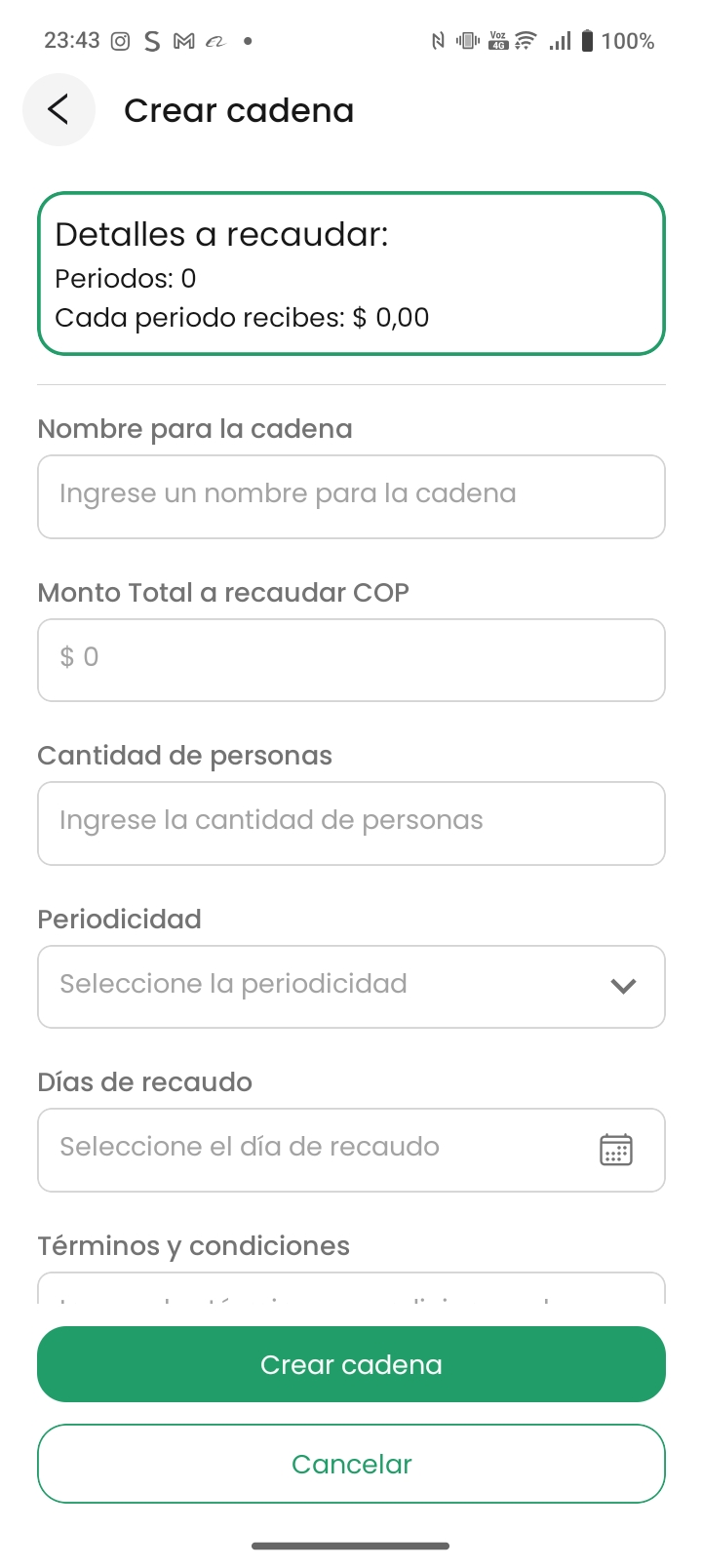 Pantalla para crear una cadena de ahorro