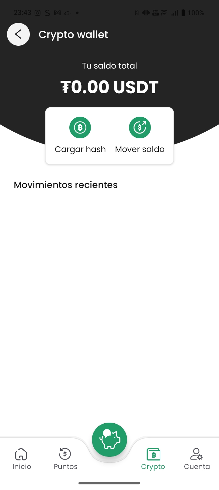 Pantalla de billetera crypto con saldo USDT
