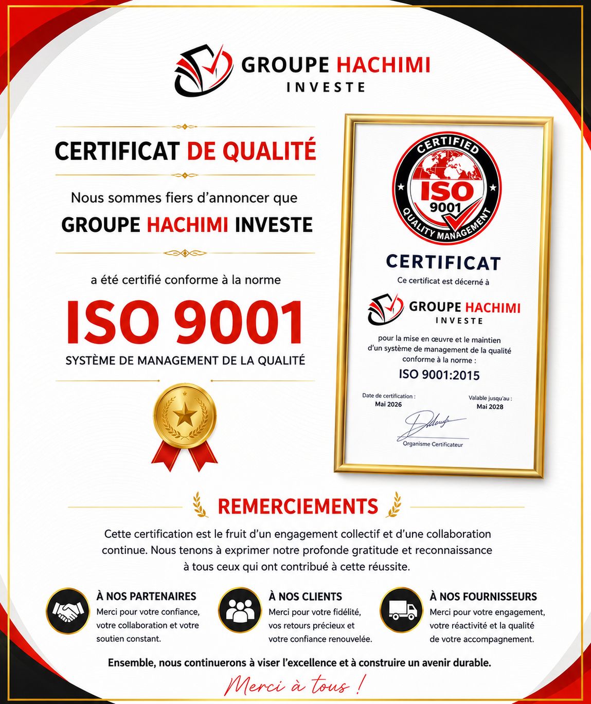 Certificat de qualité ISO 9001 de Groupe Hachimi Investe