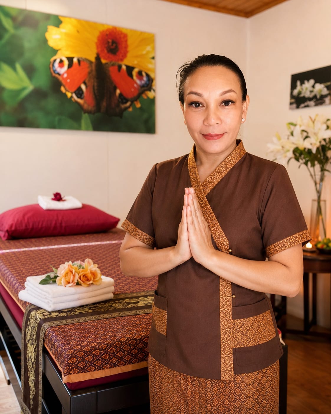 Malinee Ruangcharoen im braun-goldenen traditionellen Thai-Gewand mit Wai-Begrüssungsgeste im Behandlungsraum