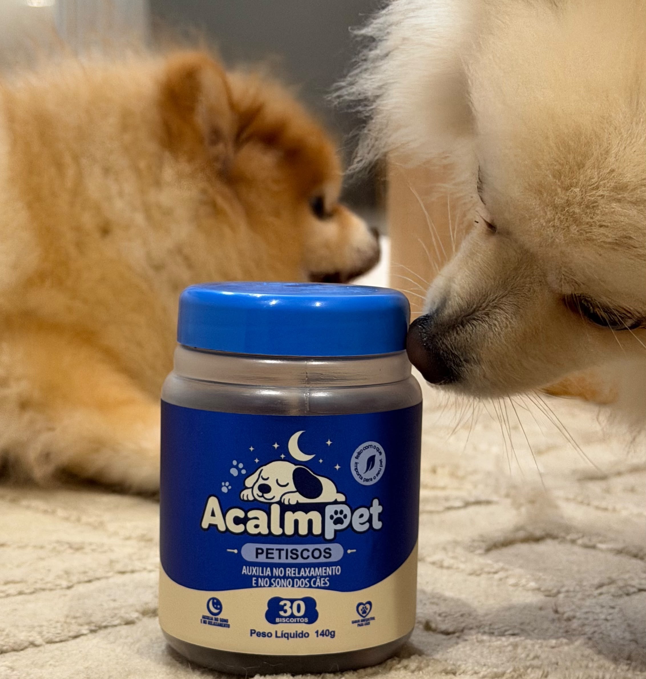 Dois cães cheirando o pote de petiscos AcalmPet