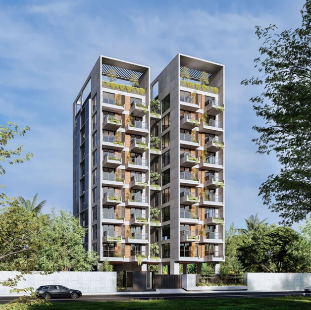 Side elevation with green terraces