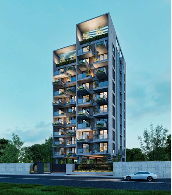 Contemporary tower design at dusk