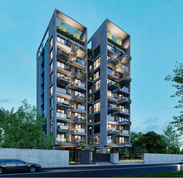 Bashundhara 10-storied residential building at dusk