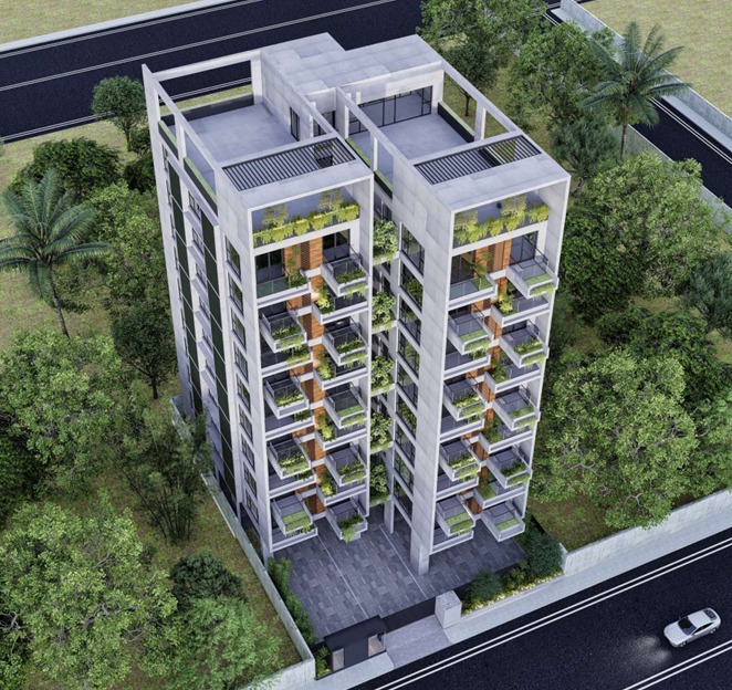 Aerial isometric view of both towers