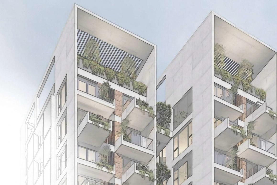 Detailed facade with green terraces