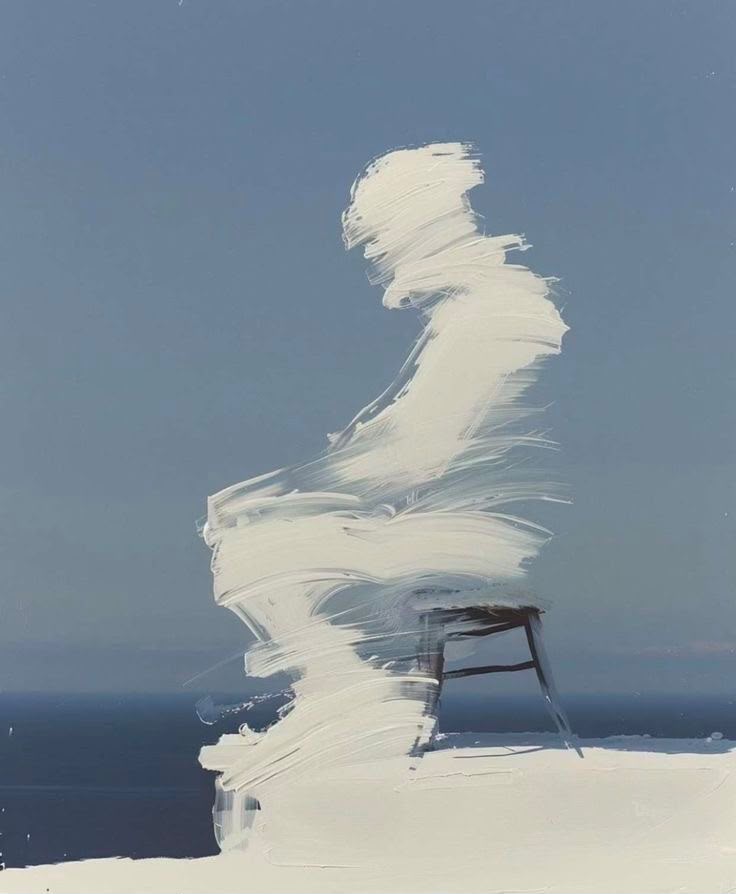 Gestural white figure rendered in loose brushstrokes on a blue-gray ground, seated on a stool