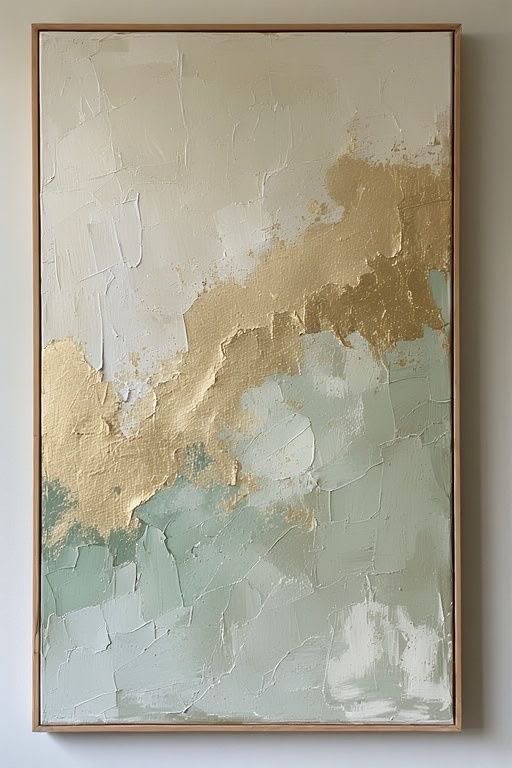 Cream, sage and gold leaf abstract with diagonal flow of gold across heavily textured surface