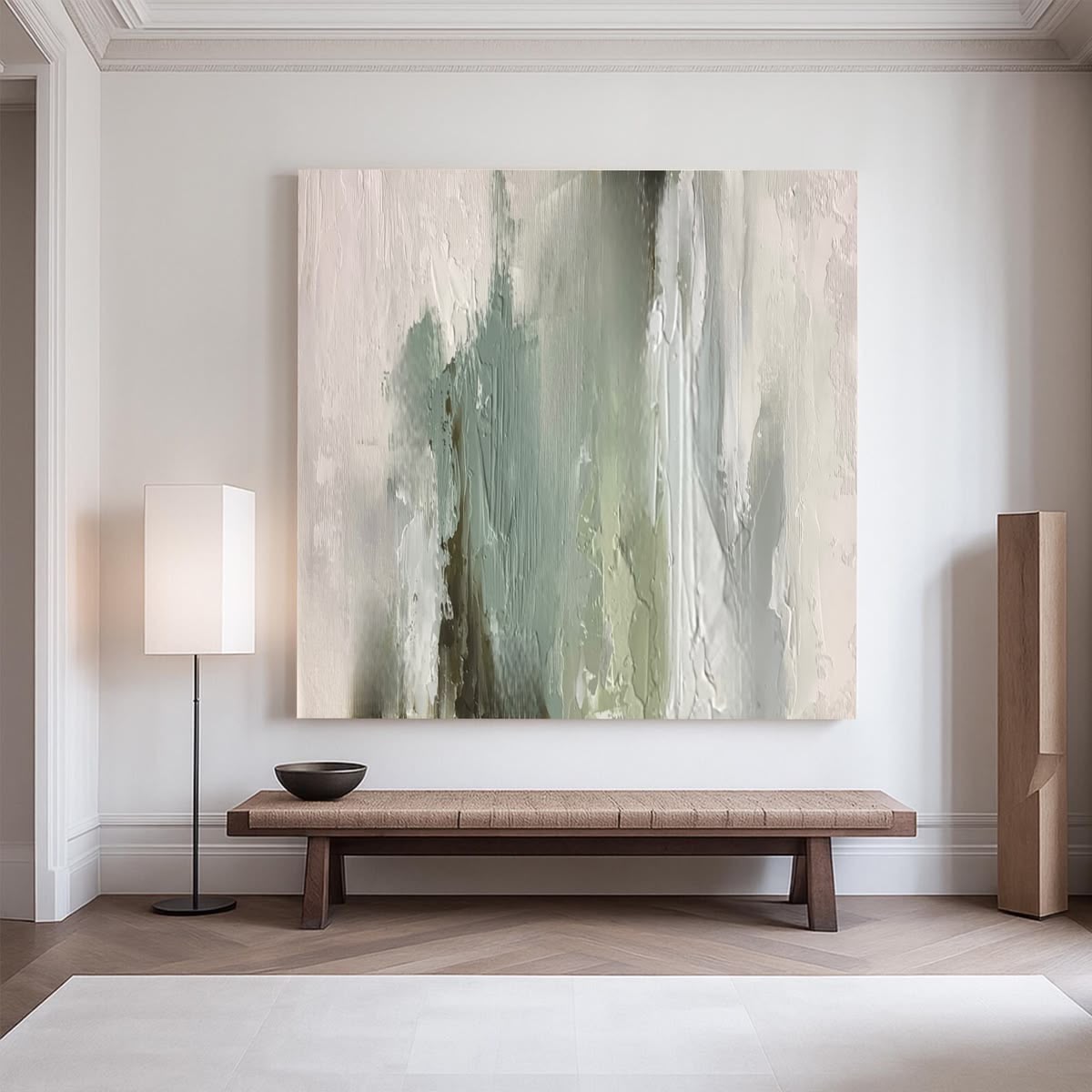 Large vertical sage green and white abstract with heavy impasto strokes in a classical interior