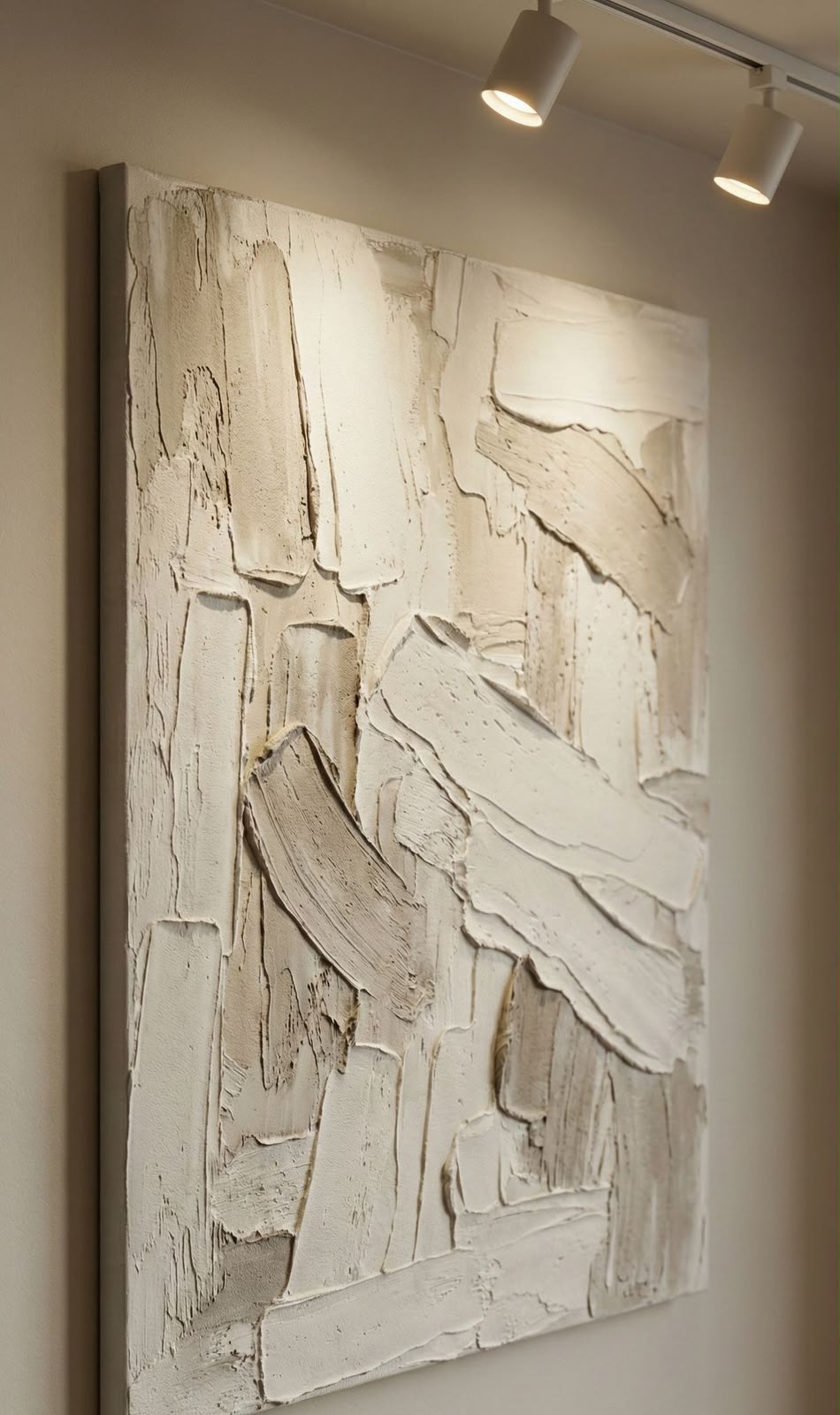 All-white heavily textured three-dimensional relief abstract under gallery track lighting