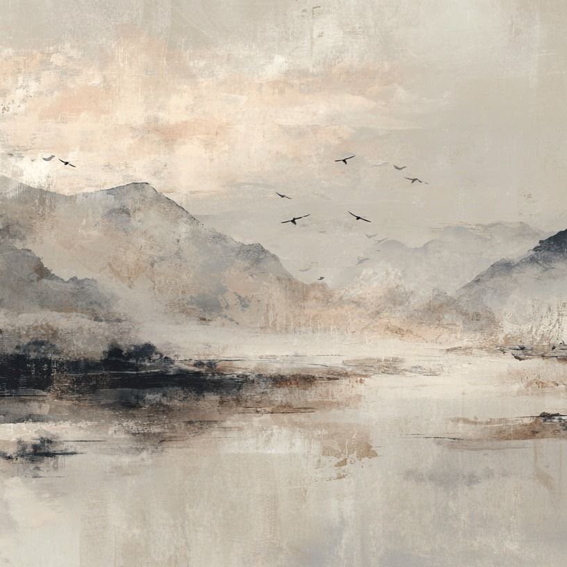 Misty mountain valley with birds in flight in warm neutral and blush tones