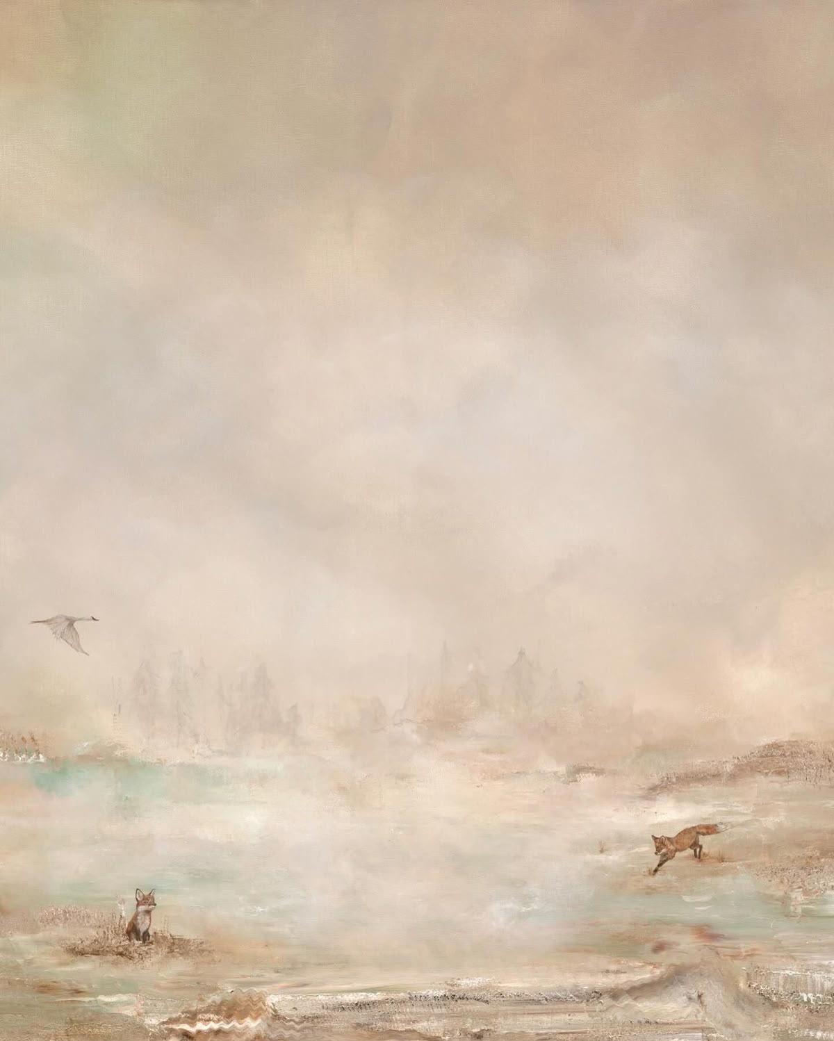 Ethereal misty landscape in peachy blush tones with two foxes and a bird in flight