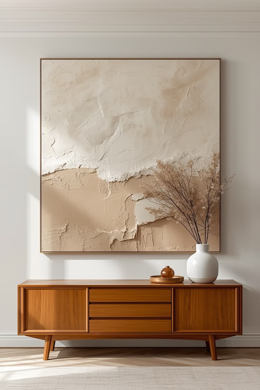 Heavily textured cream and sand toned abstract with diagonal wave of raised texture