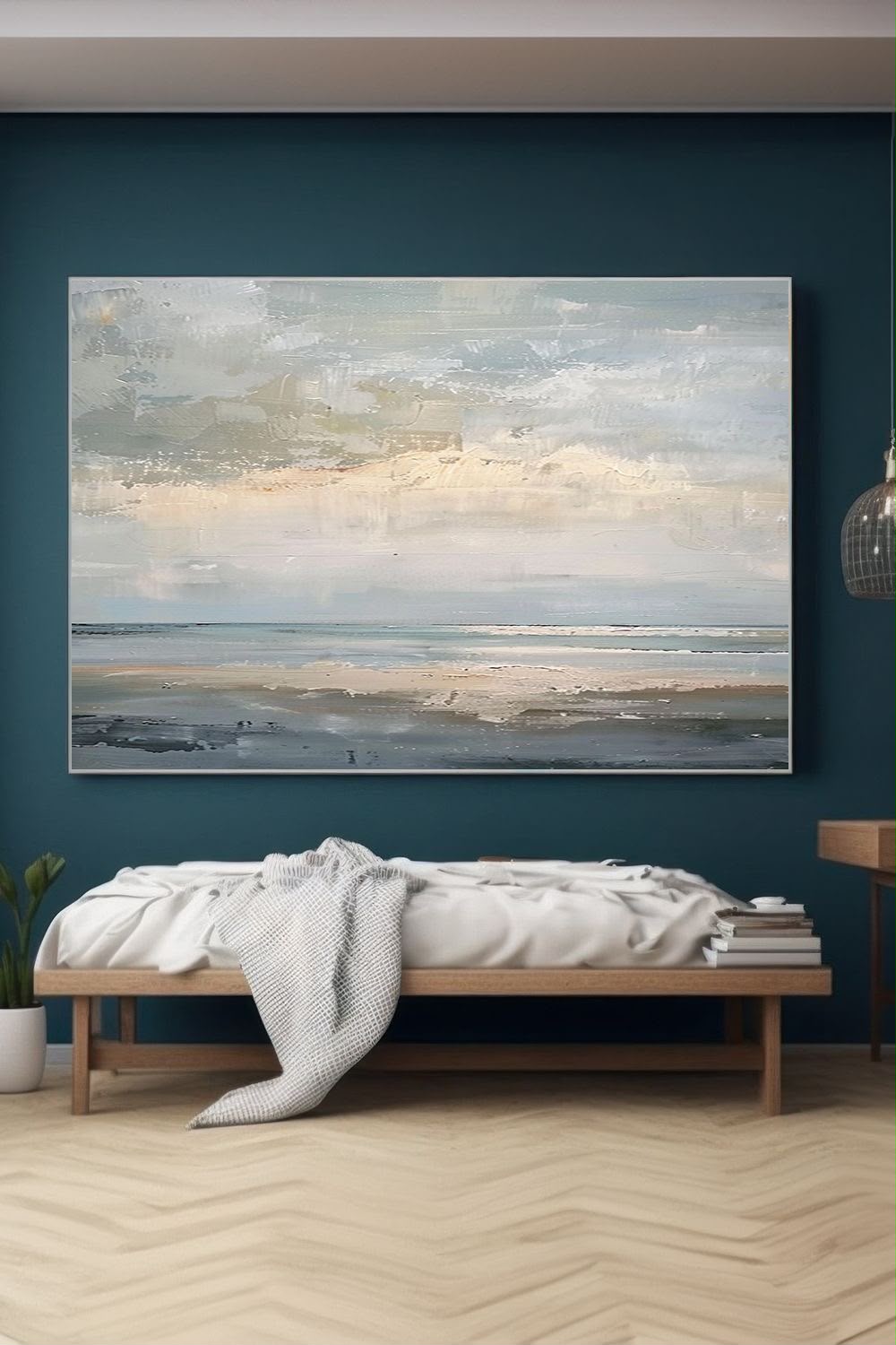 Coastal abstract landscape in soft blues, sage green, cream and sandy tones