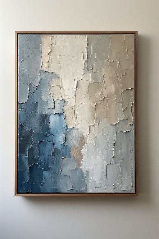 Blue-gray and cream abstract with heavy palette knife impasto blocks and textured mosaic surface