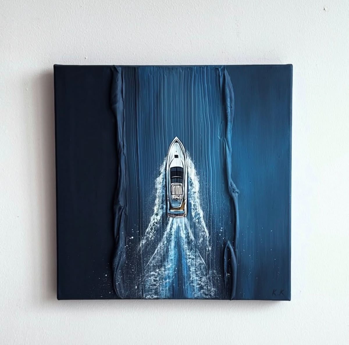 Bird's-eye aerial view of a white luxury speedboat cutting a white wake through a deep navy blue impasto textured ocean