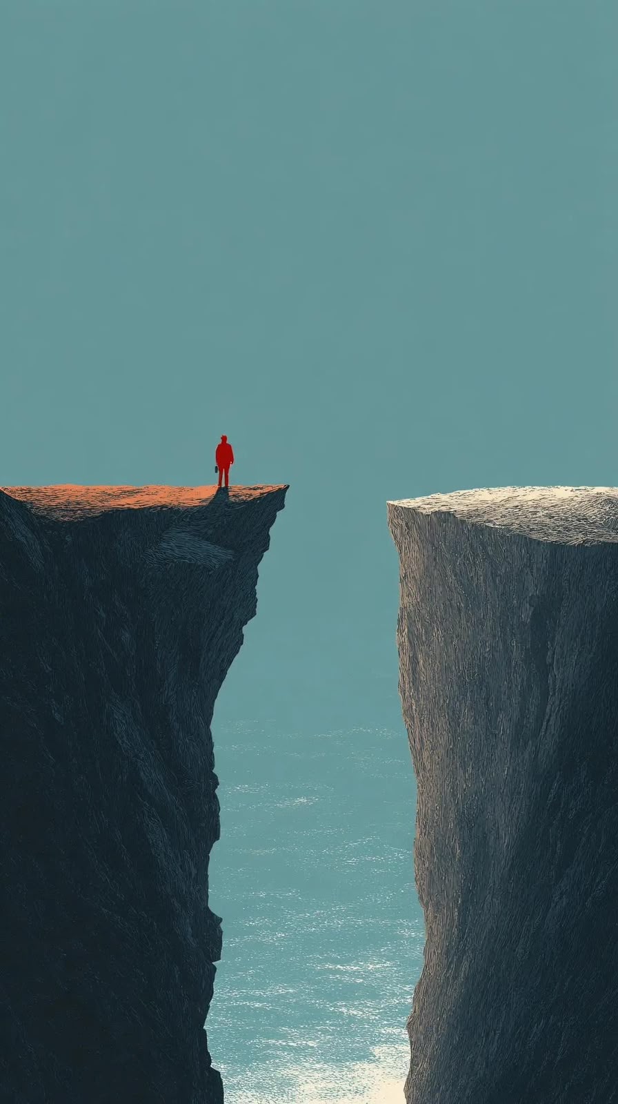 Small red-suited figure with a briefcase standing alone at the edge of a cliff, facing a wide chasm, under a flat teal sky