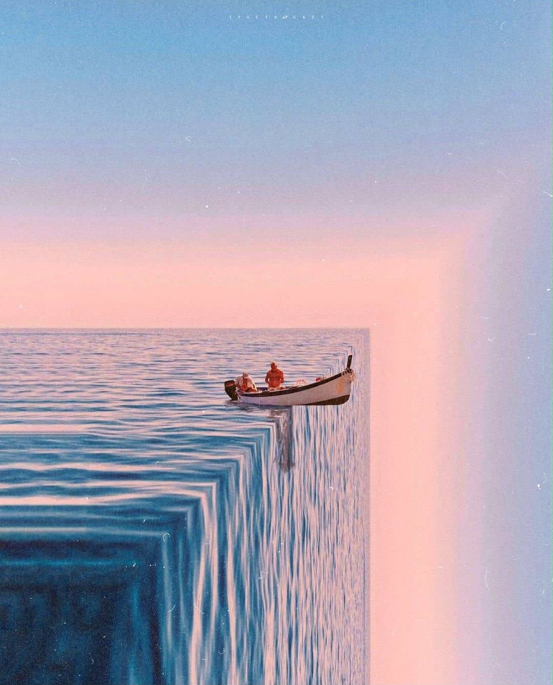 Two fishermen in a small boat at the surreal edge of the ocean where the water drops off like a waterfall under a pink-blue sunset sky