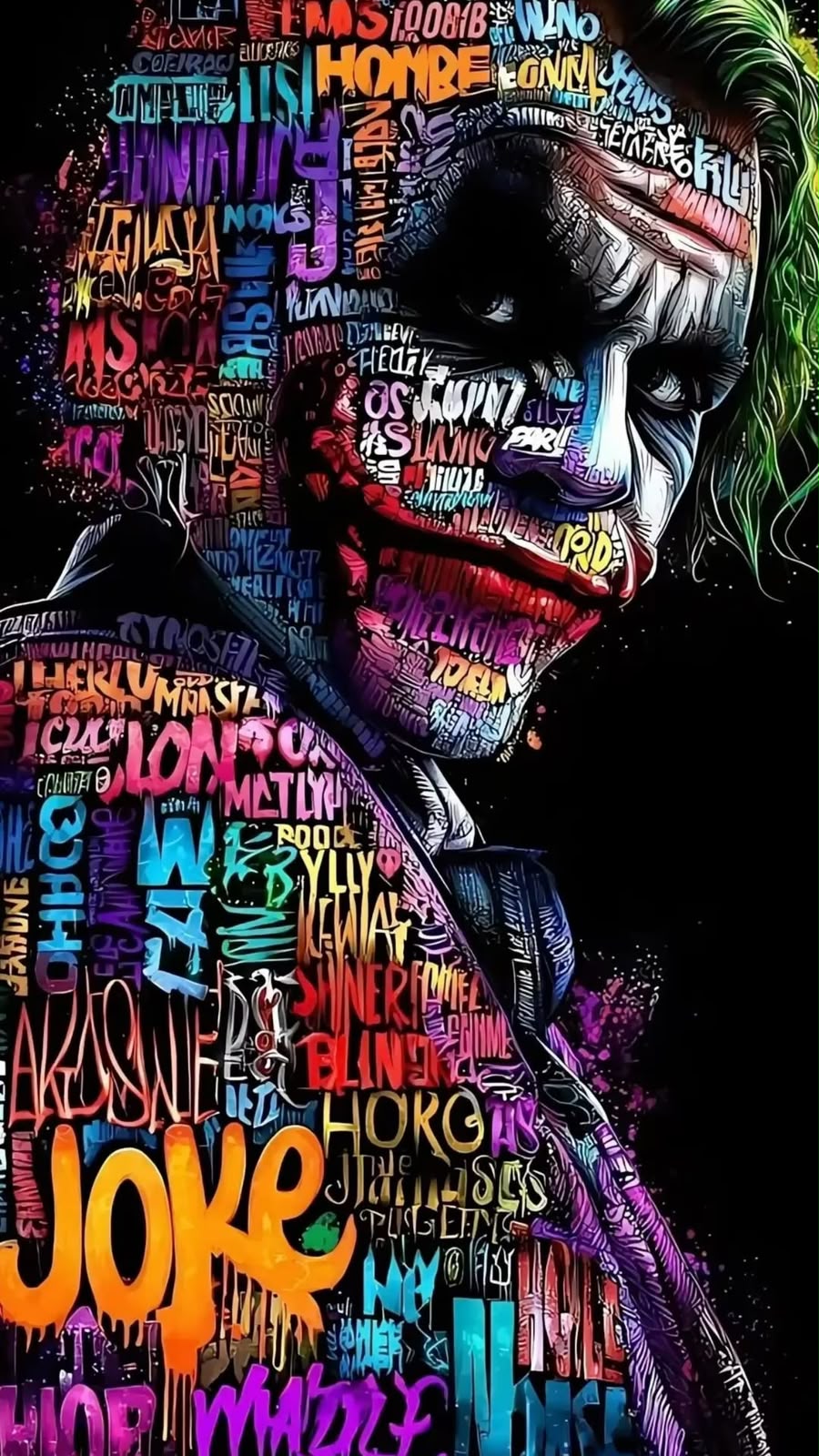 Neon graffiti typography portrait of the Joker with the face and body composed entirely of multicolor letters and words on a black background
