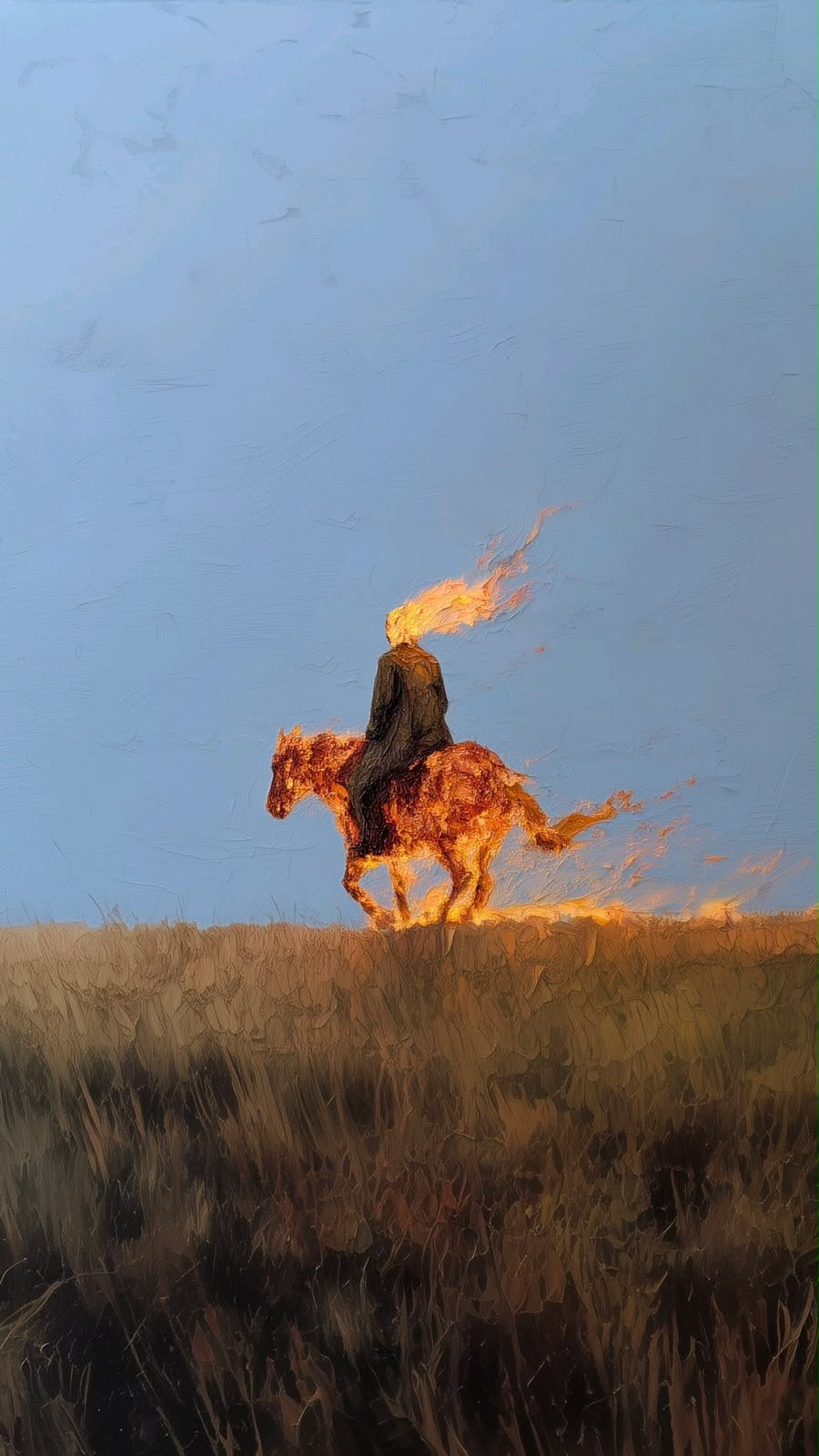 A headless horseman with a flaming head galloping across a golden prairie at dusk under a pale blue sky