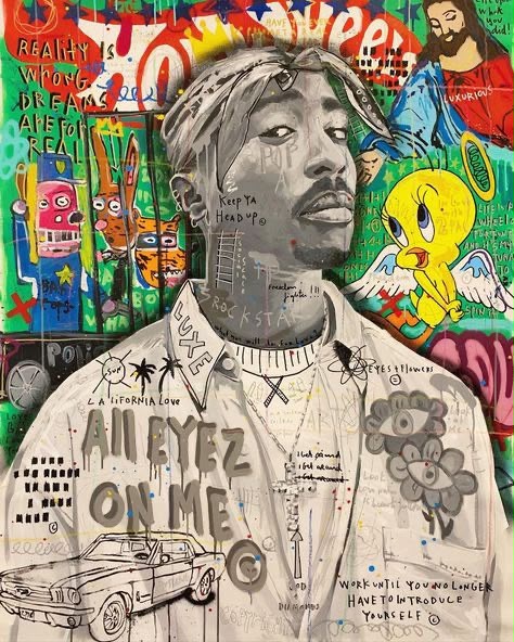 Mixed media graffiti portrait of Tupac Shakur with All Eyez On Me text, colorful urban collage background, Tweety Bird, and cars