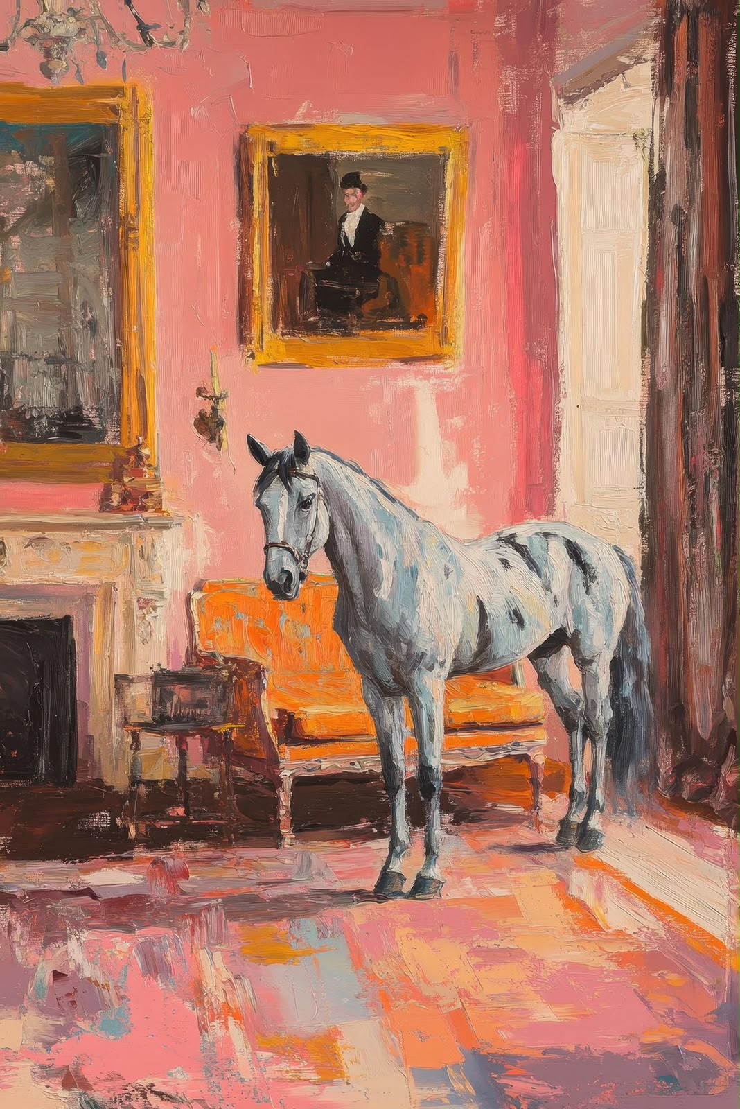 Grey horse standing with composure inside a pink ornate aristocratic salon with a chandelier, orange velvet sofa, and gold-framed portrait
