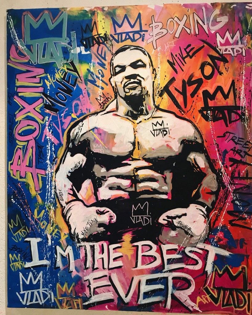Street art portrait of Mike Tyson flexing with 'I'm the Best Ever' text and crown motifs over a bold pink blue and orange graffiti background