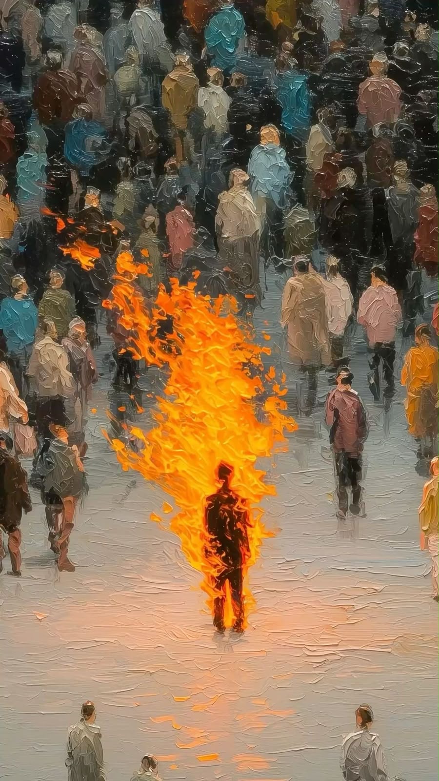 A lone figure fully engulfed in tall orange flames standing in the center of an indifferent crowd on a white plaza