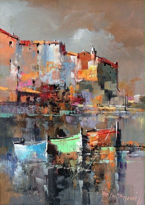Impressionist Mediterranean harbor with colorful fishing boats on dark water and warm orange-red buildings with reflections