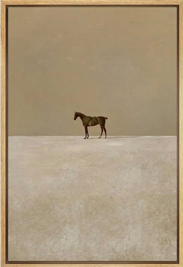 Single dark brown horse standing alone in the middle of a vast barren plain under a warm taupe and cream sky, framed in oak