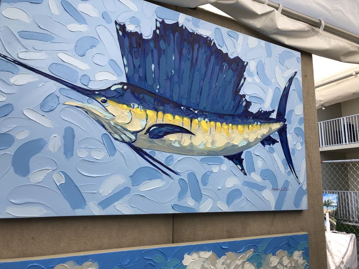 Large sailfish in heavy impasto blue and yellow on a sky-blue textured wave background